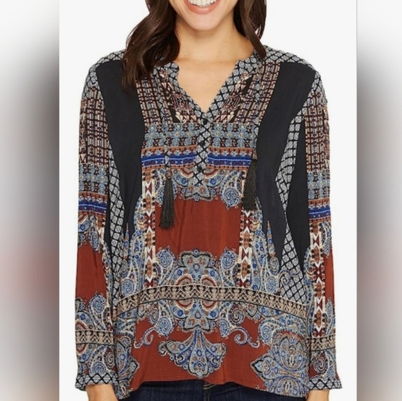 Tribal Jeans Arctic Dreamer Women's Blouse 100% Rayon Tassels Multicolor S/P - Picture 4 of 15